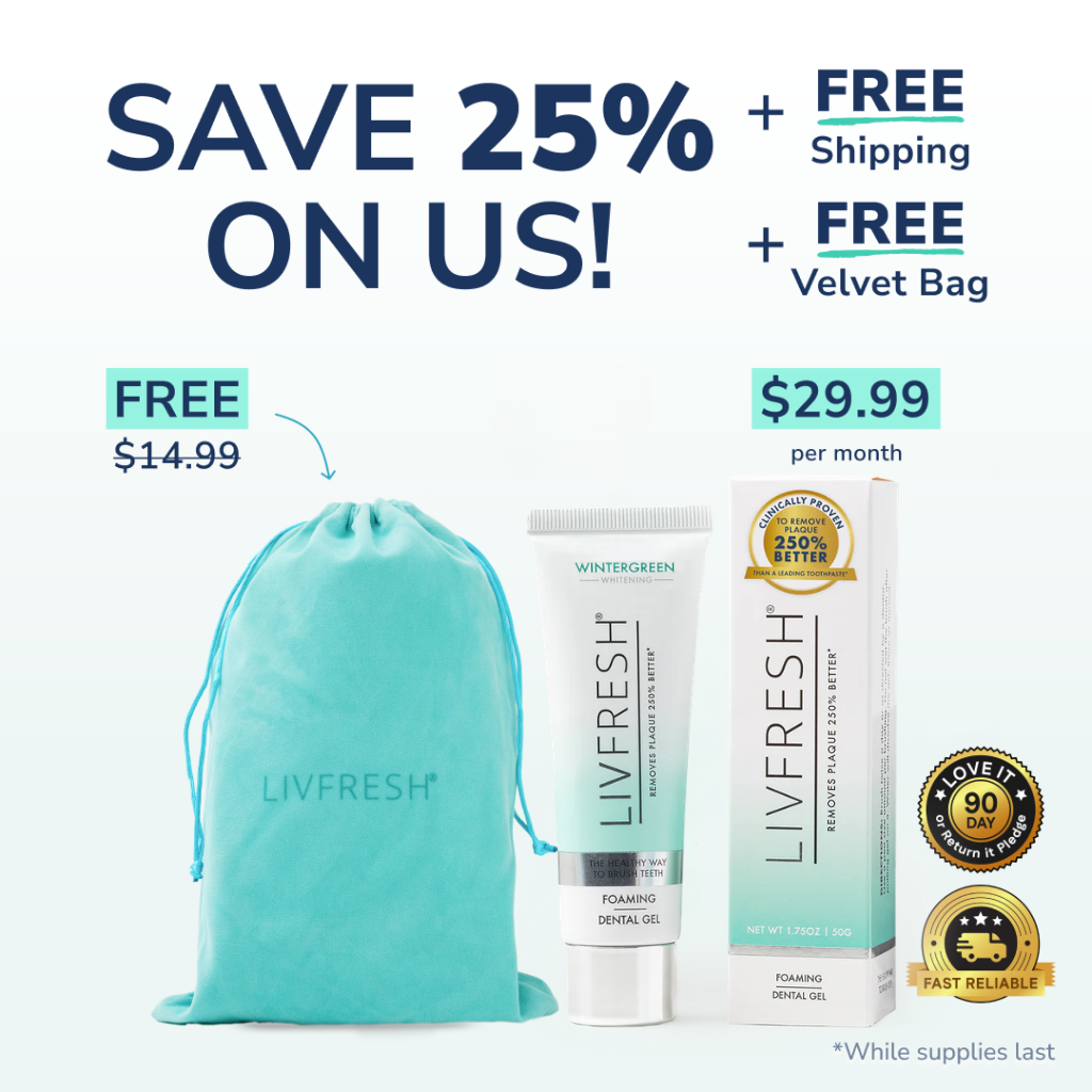 An advertisement for Livfresh toothpaste showing a 'Buy 2 Get 1 Free' promotion with a free bag.
