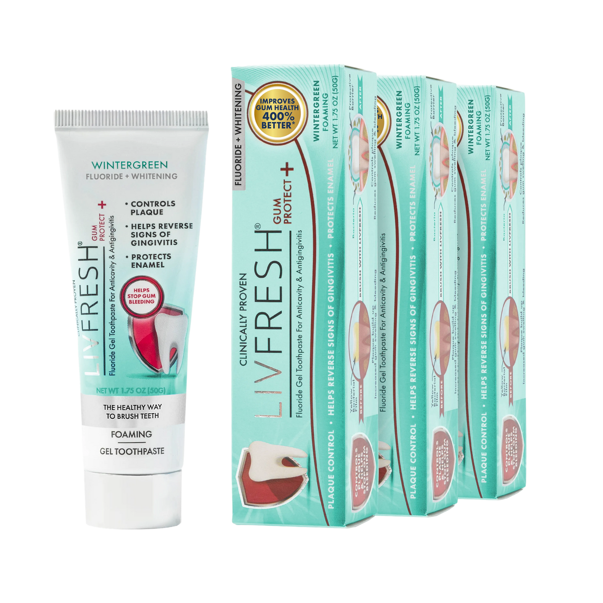 LIVFRESH Gum Protect+ Wintergreen tube and 3-pack, transparent background
